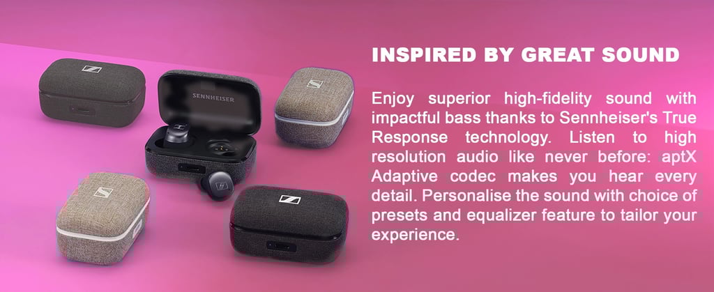 Sennheiser Momentum True Wireless 3 earbuds and fabric charging cases displayed on a pink background, highlighting premium design and high-fidelity sound powered by Sennheiser TrueResponse technology.