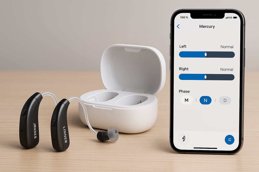 Pair of Linner Mercury OTC hearing aids with a white charging case and a smartphone showing the Mercury app interface for left and right volume adjustment, displayed on a light wooden desk.