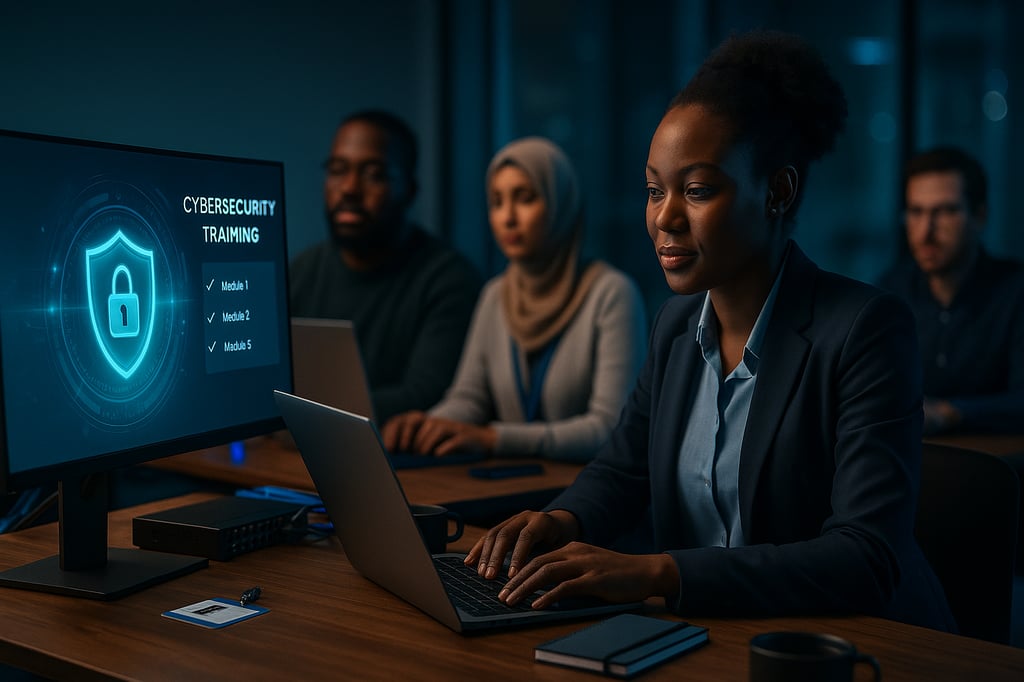 Modern cybersecurity training workshop: a focused woman in a blazer types on a laptop while a large monitor shows a shield-and-padlock UI with checked modules; diverse trainees follow along in a dim, blue-lit classroom.