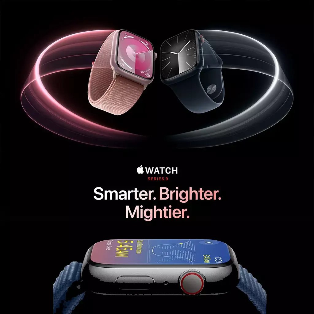 Apple Watch Series 9 promotional image with two watches (pink and black) floating on a dark background and the tagline ‘Smarter. Brighter. Mightier.