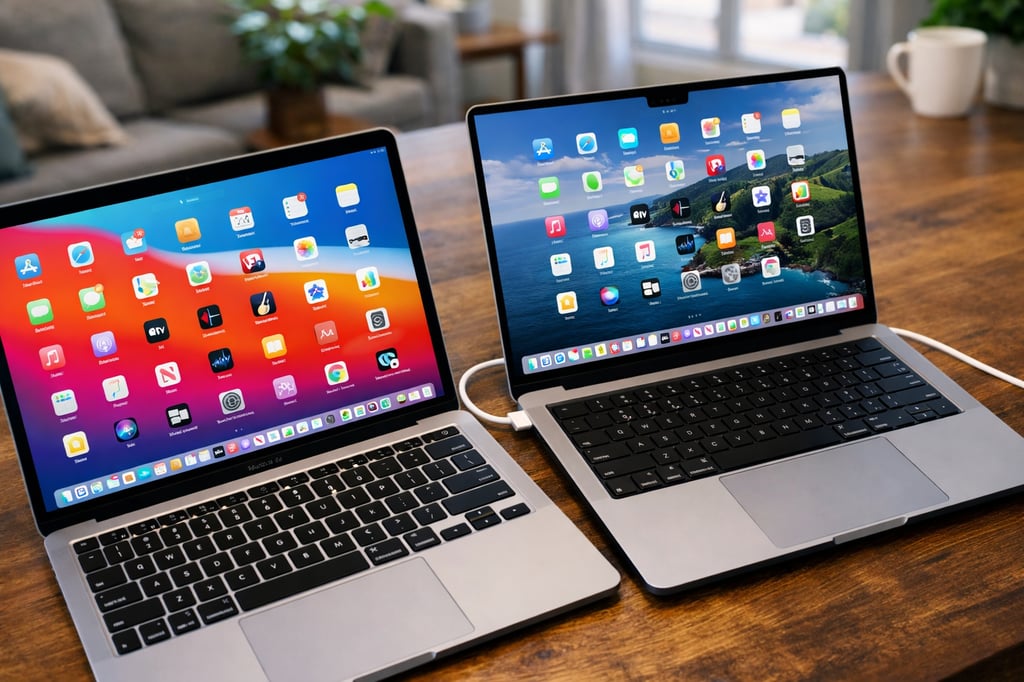 Two Apple MacBooks side by side on a realistic wooden desk in a home-office setting, both open with bright macOS-style screens, showing a thin laptop on the left and a thicker model on the right for a MacBook Air vs MacBook Pro comparison.