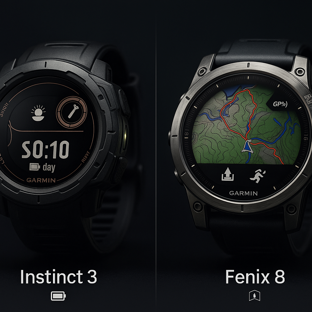 Ultra-realistic studio comparison of Garmin Instinct 3 and Garmin Fenix 8 smartwatches—Instinct 3 with rugged polymer case and MIP/AMOLED face, Fenix 8 with titanium bezel and topo-map on AMOLED—shot side-by-side on a dark background.