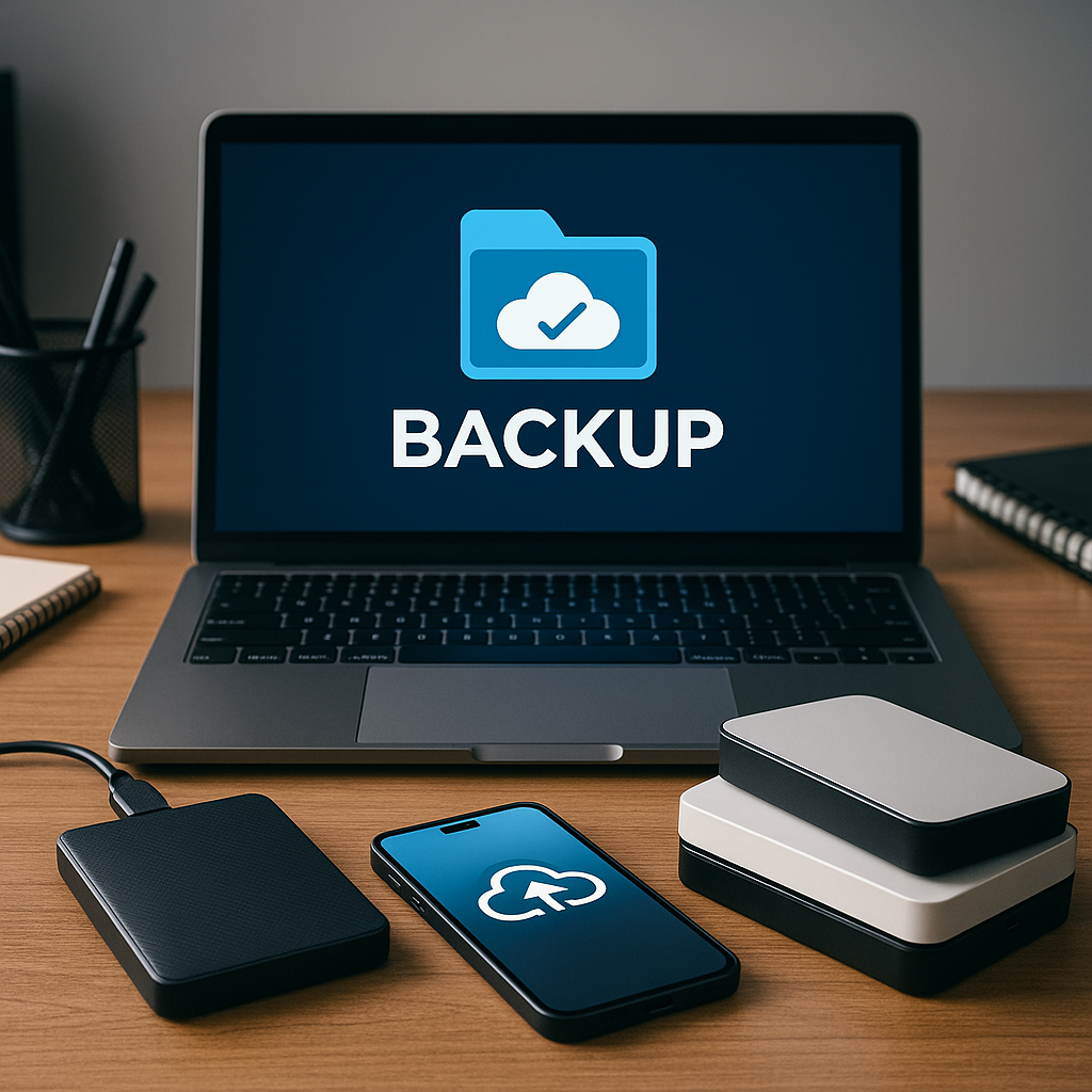 Laptop with Backup icon on screen, surrounded by external hard drives and a smartphone displaying a cloud upload symbol—illustrating effective backup strategies.