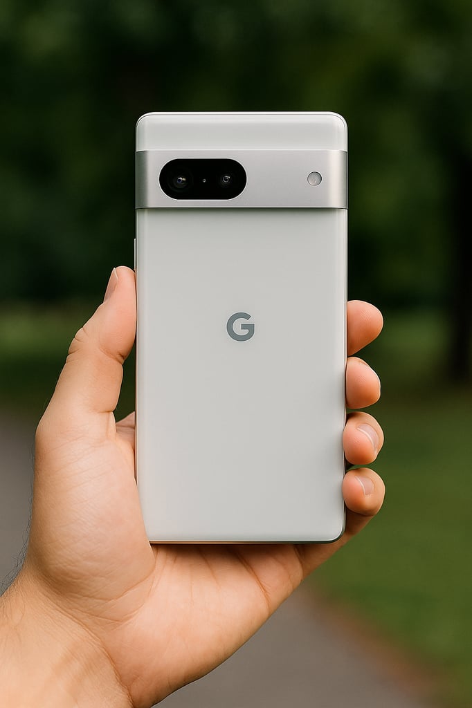 Ultra-realistic professional photo of a person holding a Google Pixel 7 smartphone outdoors. The matte gray phone features a sleek back design with a metallic camera bar and the Google G logo clearly visible against a blurred green background.