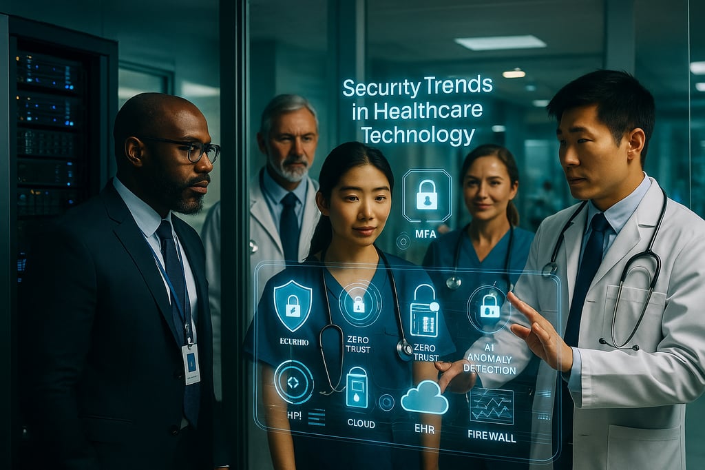 Security Trends in Healthcare Technology: a diverse team of clinicians and a security leader review a transparent holographic dashboard in a hospital server room, with icons for MFA, zero-trust, AI anomaly detection, EHR, cloud, and firewall.