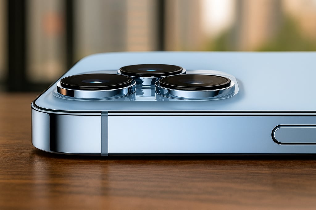 Close-up of an iPhone 13 Pro in Sierra Blue resting on a wooden desk, showing the polished triple-lens camera module; soft city-view background is tastefully blurred.