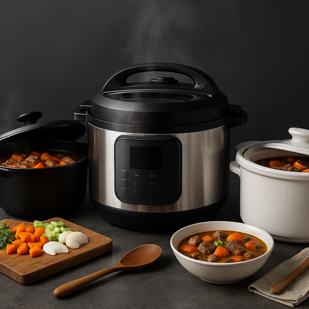 Three one-pot meal cookers on a dark professional countertop: a stainless-steel electric pressure cooker in the center releasing steam, a black cast-iron Dutch oven with beef-and-carrot stew on the left, and a white ceramic slow cooker on the right; in front are a cutting board with chopped carrots, onions, and celery, a wooden spoon, and a bowl of stew.
