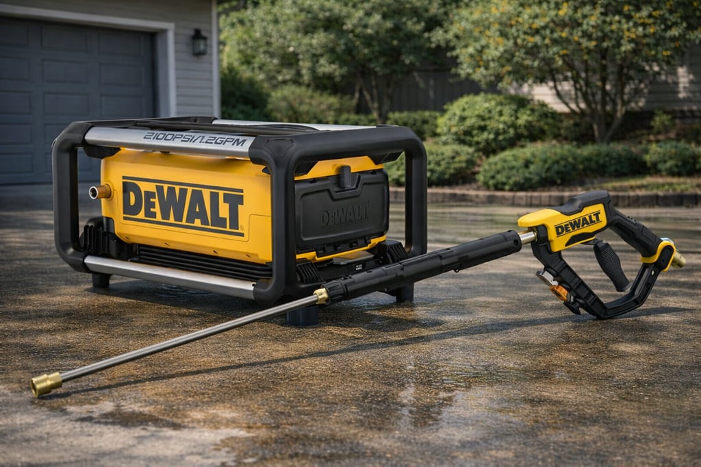 DEWALT electric pressure washer with a yellow body and black protective frame set on a wet residential driveway in daylight; matching DEWALT spray gun and long wand placed in front, with a garage door and green shrubs in the background.