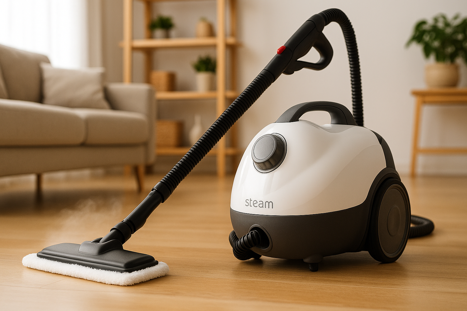 Ultra-realistic professional image of a modern steam cleaner in a home setting. The device has a sleek white and gray design with a long hose and microfiber pad, releasing steam while cleaning a wooden floor in a cozy living room with neutral-toned furniture and natural light.