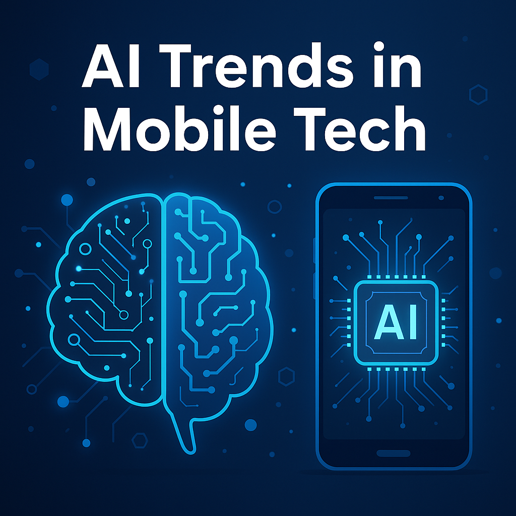 Digital illustration of a glowing AI brain circuit next to a modern smartphone with an AI chip icon, representing AI trends in mobile technology