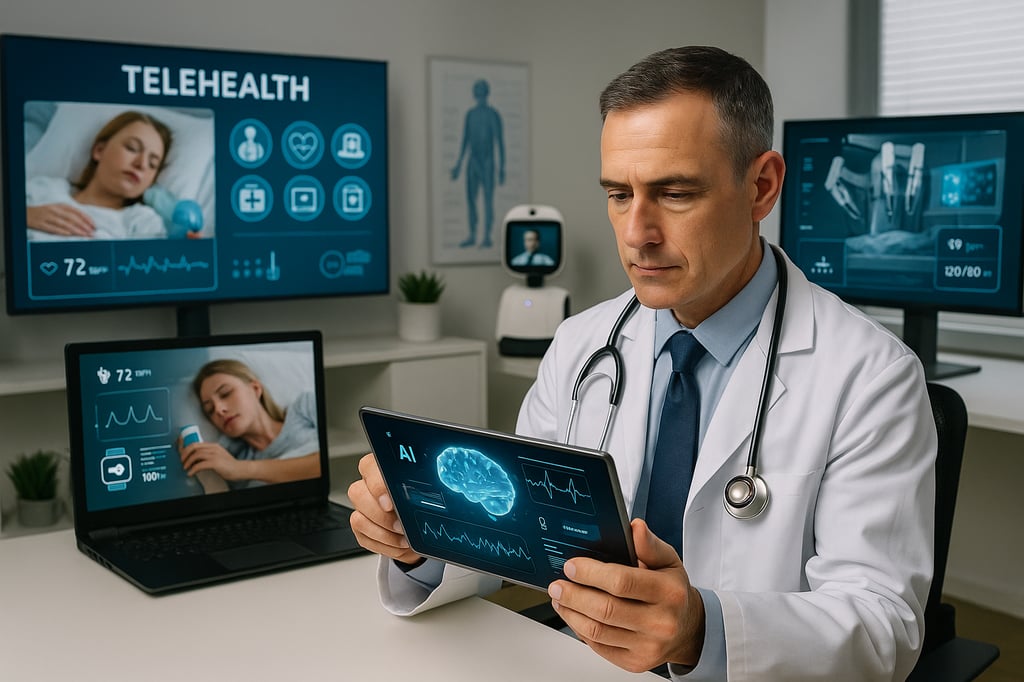 Doctor in a modern clinic reviews AI-driven diagnostics on a tablet while telehealth dashboards show a remote patient, vital signs, and robotic surgery visuals—illustrating new telehealth technology.