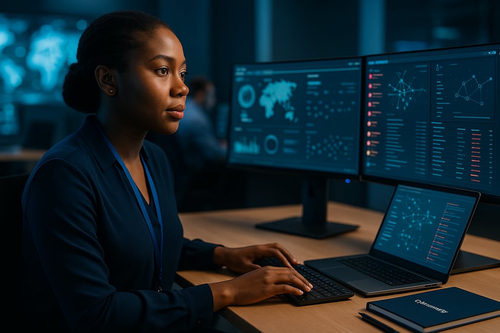 Cybersecurity analyst in a security operations center, an African woman focused at a dual-monitor workstation showing threat-intelligence dashboards and network graphs — concept image for the Microsoft Cybersecurity Analyst Professional Certificate.