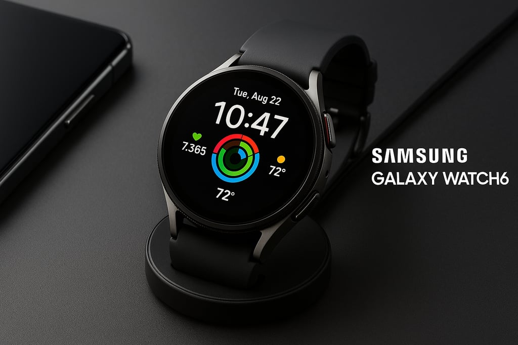 Samsung Galaxy Watch6 on a matte black charging puck with a vibrant activity-rings watch face and black silicone strap; smartphone nearby on a dark desk.