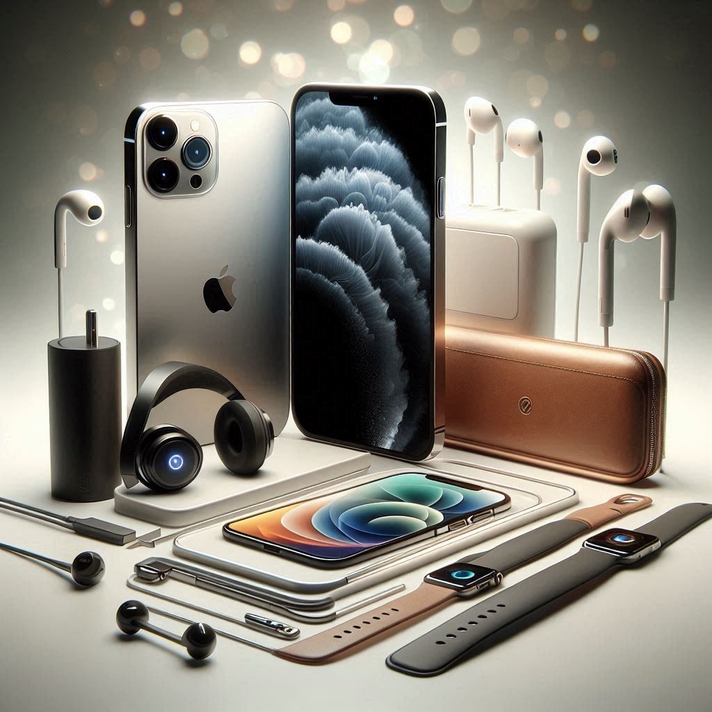 A premium setup featuring the iPhone 15 Pro Max surrounded by essential accessories including AirPods, Apple Watch, charging adapters, wireless earbuds, and protective cases on a softly lit background.