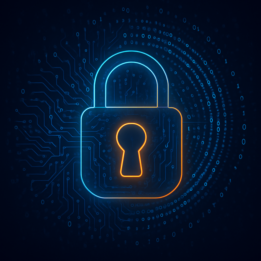Neon padlock over circuit-board traces and binary code on a dark blue background, symbolizing cybersecurity, privacy, and data encryption.