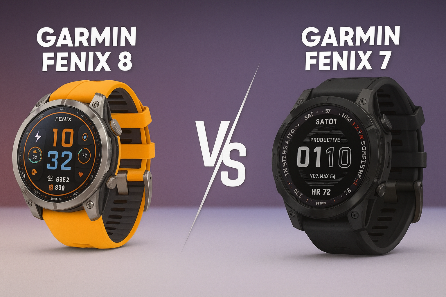 Professional comparison image of Garmin Fenix 8 vs Garmin Fenix 7. The Fenix 8 on the left features a bold orange strap, silver bezel, and colorful fitness display, while the Fenix 7 on the right showcases a rugged black strap and bezel with a monochrome productivity display. Both watches are set against a gradient purple background with a large VS in the center.