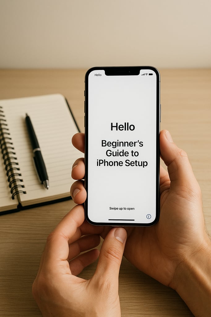Close-up of hands holding an iPhone displaying the setup screen with ‘Beginner’s Guide to iPhone Setup’ text, soft natural lighting highlighting the device and a blurred notebook and pen in the background