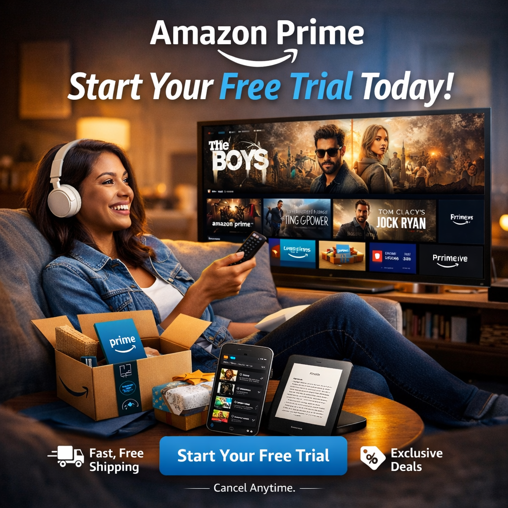 Amazon Prime Free Trial promo — Prime Video streaming on a smart TV with fast delivery icons
