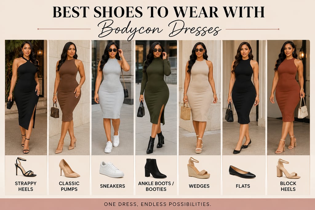 Shoe style overview collage showing bodycon dresses styled with strappy heels, classic pumps, sneakers, ankle boots, wedges, flats, and block heels