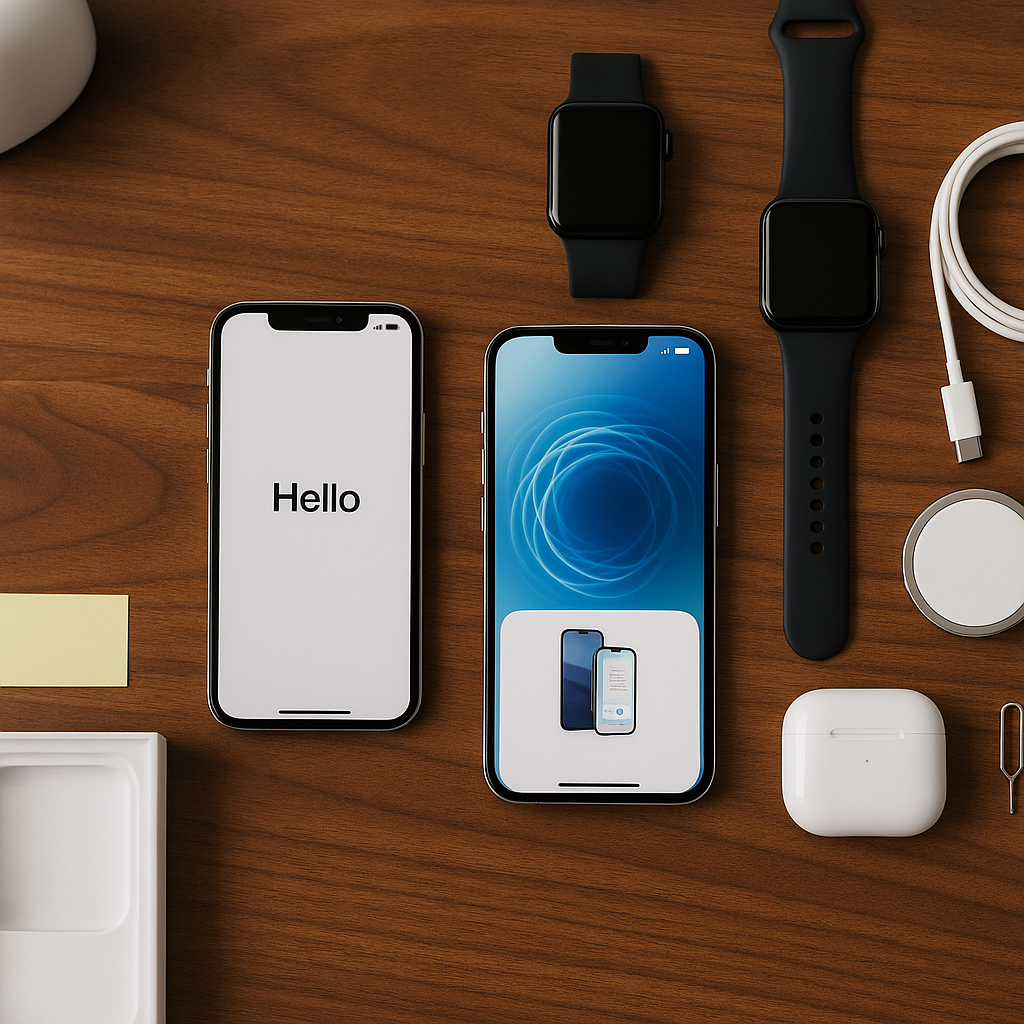 Flat-lay of a complete iPhone setup: two iPhones on a walnut desk—left on the “Hello” screen, right showing Quick Start transfer—surrounded by Apple Watch and bands, MagSafe puck, USB-C cable, AirPods case, SIM ejector tool, and packaging tray.