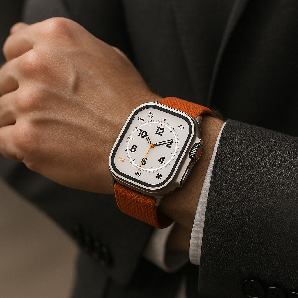 Ultra-realistic close-up of a man's hand wearing the Apple Watch Ultra 2 with an orange woven band, titanium case, and white dial, styled with a suit jacket.