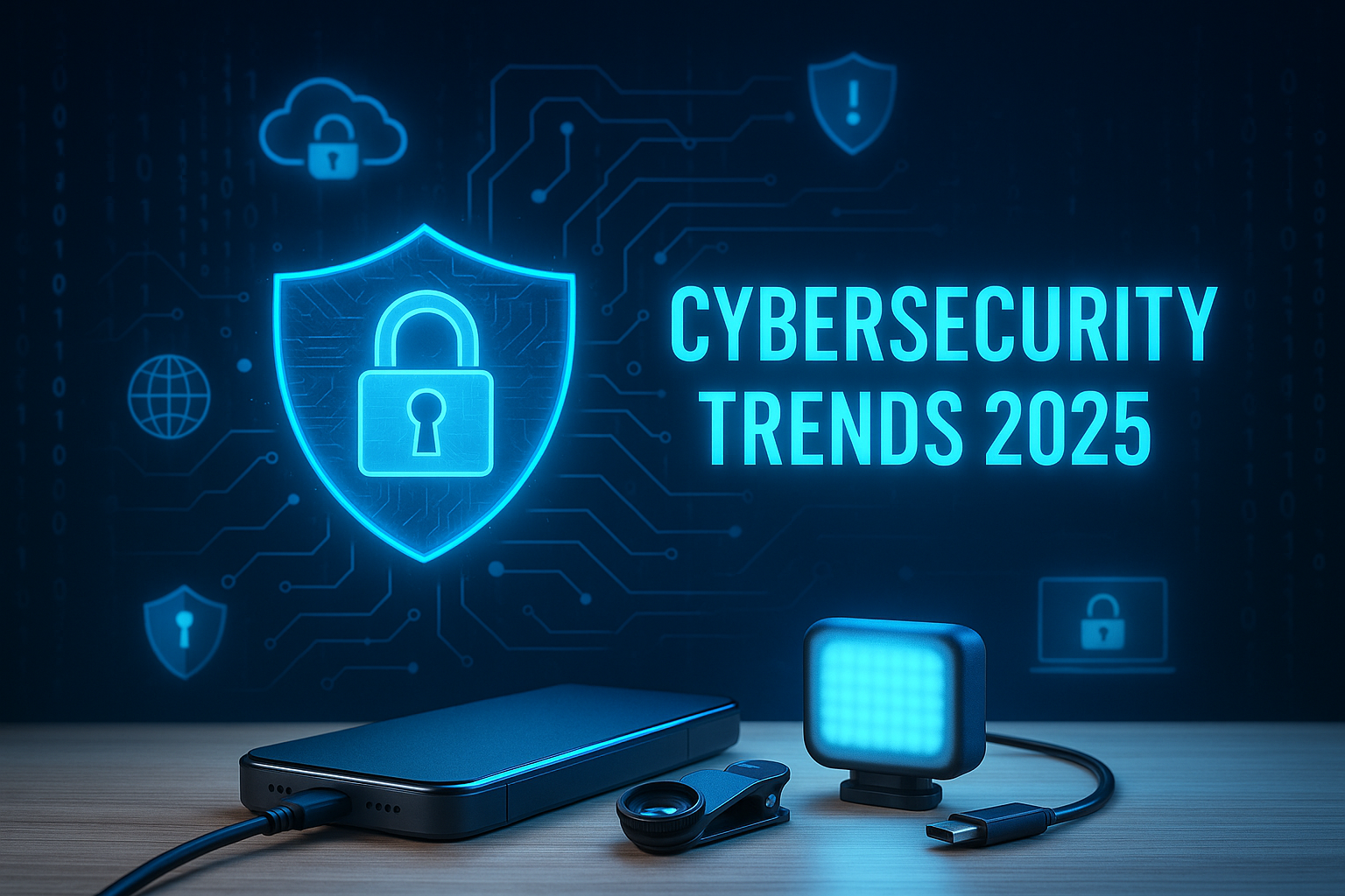 Futuristic cybersecurity concept with a glowing blue shield and padlock surrounded by digital circuit patterns, symbolizing cybersecurity trends in 2025.