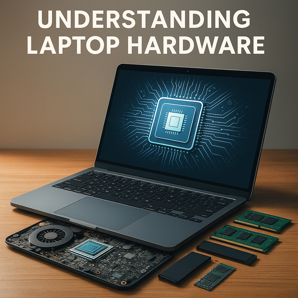 Ultra-realistic professional image titled 'Understanding Laptop Hardware.' A modern laptop is placed on a wooden desk, partially disassembled to reveal its internal components including the motherboard, cooling fan, RAM, and storage modules. The laptop screen displays a glowing digital schematic of a CPU, emphasizing the core of laptop hardware.