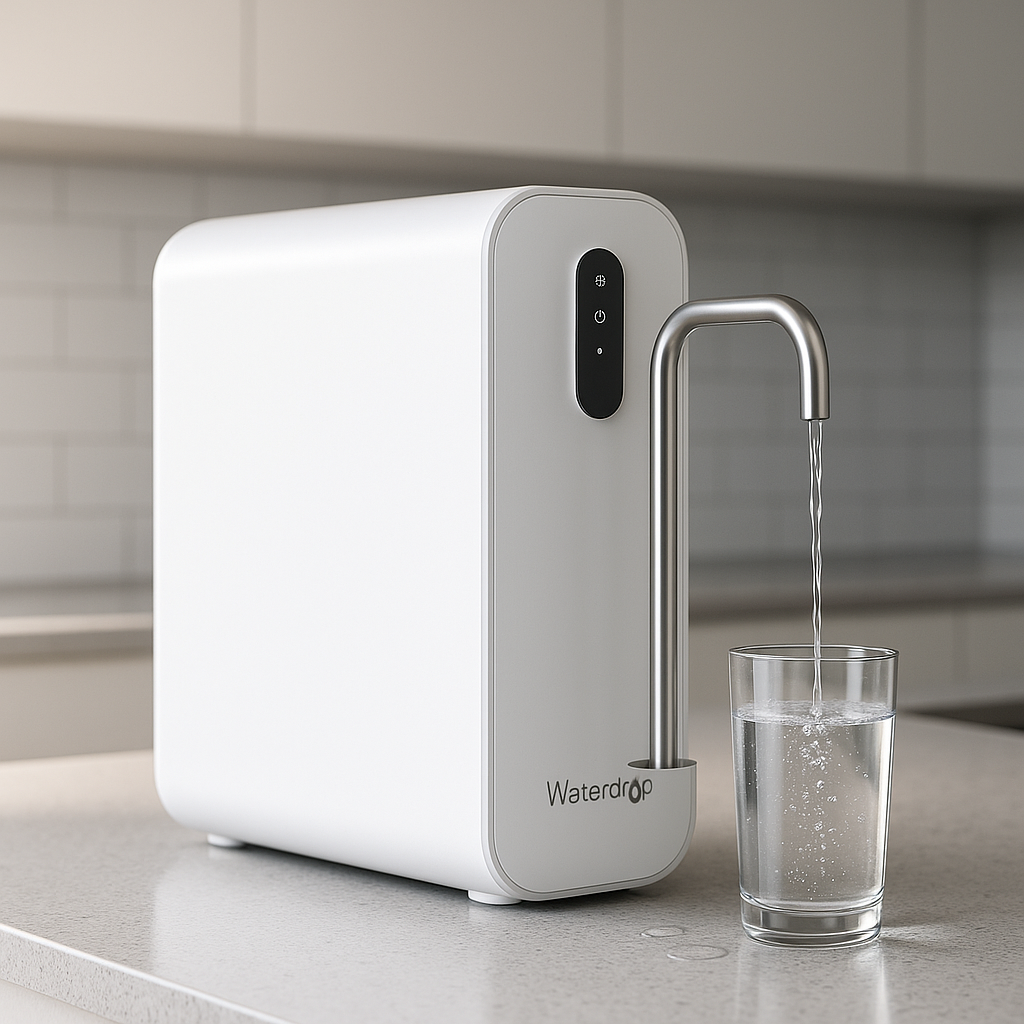 Waterdrop WD-A2 Countertop Reverse Osmosis System dispensing purified water into a glass on a modern kitchen countertop