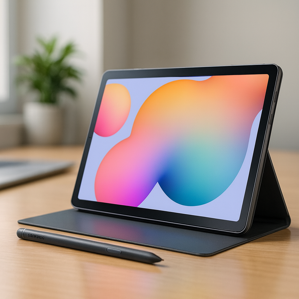 Samsung Galaxy Tab S6 Lite on a slim black folio stand with the S Pen in front, showing a vibrant gradient wallpaper on a light wooden desk in a modern office setting.