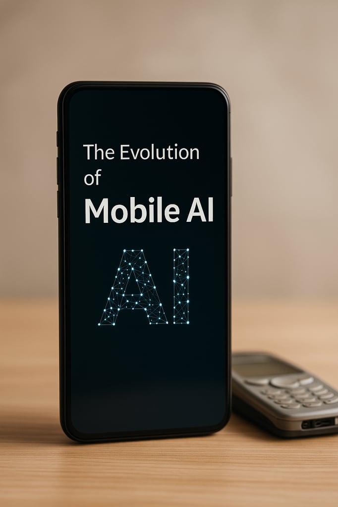 A sleek modern smartphone displaying ‘The Evolution of Mobile AI’ text and glowing network graphic, positioned next to an older gray numeric-keypad phone on a wooden surface, all under soft, diffused professional studio lighting