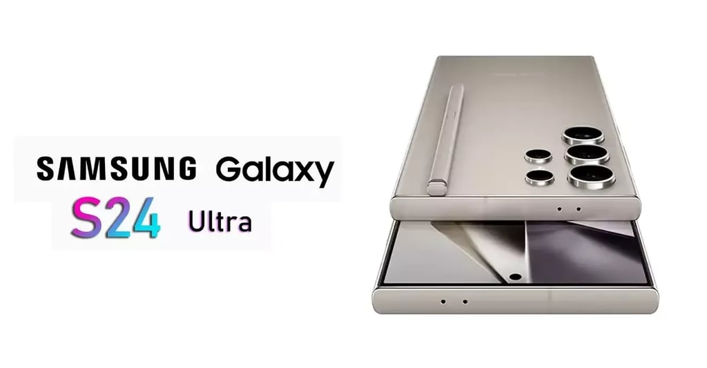 Samsung Galaxy S24 Ultra banner: stacked titanium-colored phones with S Pen and quad camera rings on the right, with the text 'Samsung Galaxy S24 Ultra' on the left.