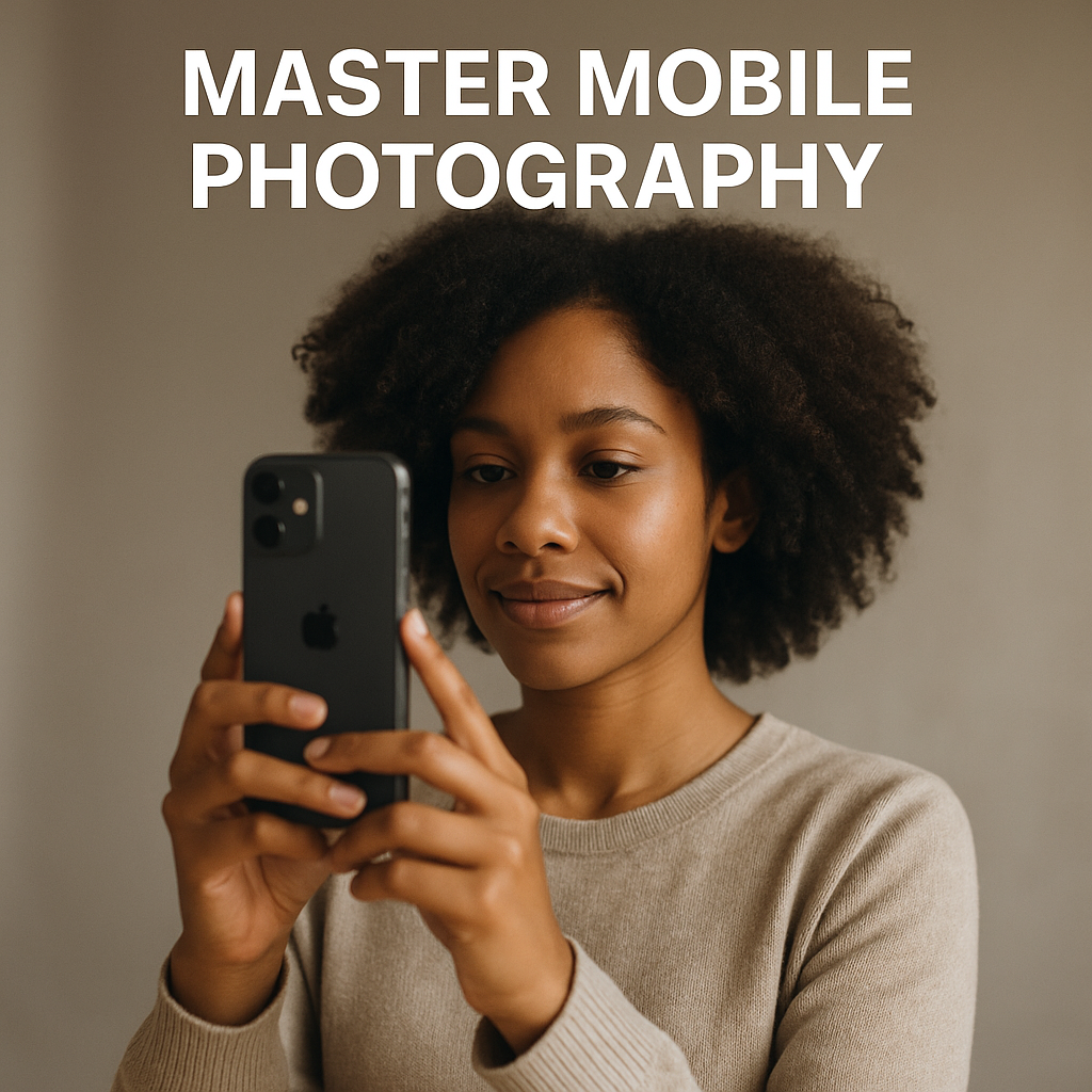 A young African American woman in a beige sweater holding a smartphone at eye level, capturing a photo under soft, diffused studio lighting with 'MASTER MOBILE PHOTOGRAPHY' text overlay in an ultra-realistic professional style