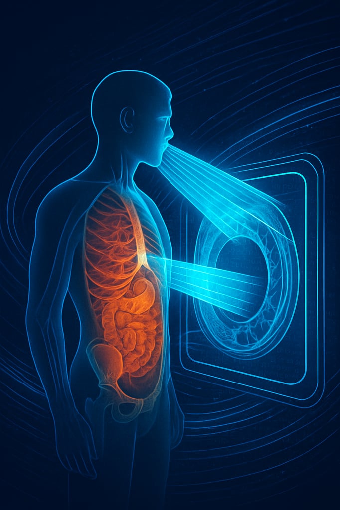 Futuristic medical illustration of a human figure with glowing orange internal organs being scanned by a blue circular imaging device, representing advanced digital imaging in medical diagnostics and internal body visualization.