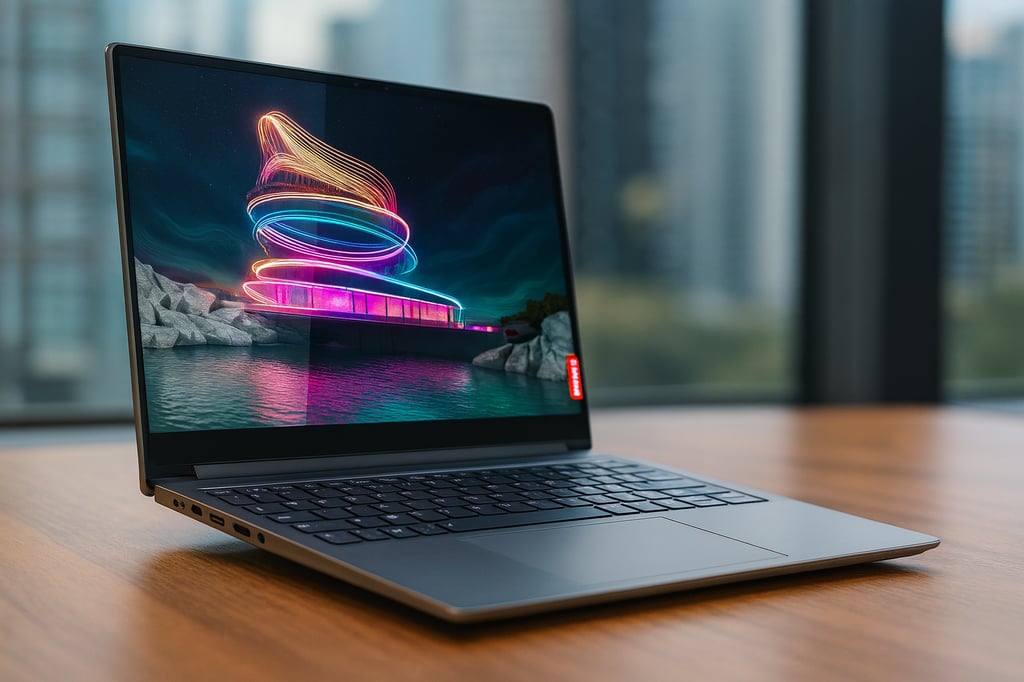 Lenovo Yoga Pro 9i 16 on a wooden desk beside large windows, screen displaying a neon-lit futuristic structure over water; slim silver chassis and thin-bezel display with a softly blurred city skyline in the background.