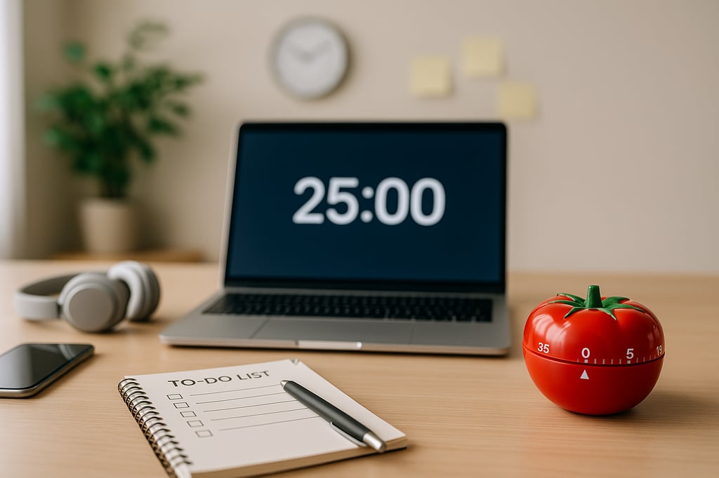 Pomodoro workspace: laptop screen showing a 25:00 timer beside a red tomato-shaped timer, to-do notebook, headphones, and a plant on a bright minimalist desk.