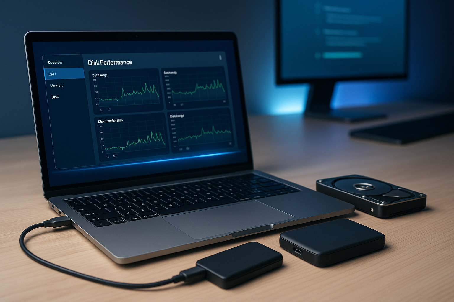 Laptop displaying disk performance graphs with external SSD and HDD placed on a wooden desk, representing steps to optimize HDD and SSD speed.