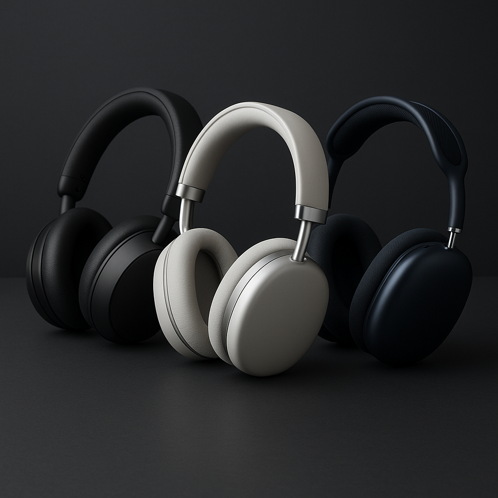 Three pairs of premium 2025 wireless over-ear headphones—matte black with copper accents, satin white with silver trim, and deep navy—standing upright on a dark matte surface against a softly lit gray backdrop