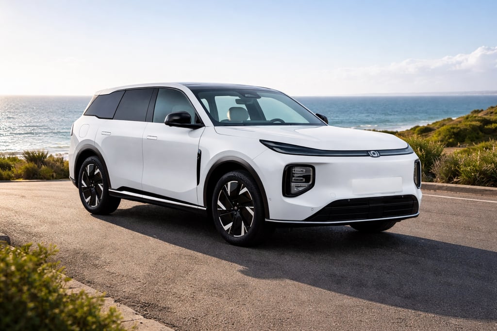 White Changan Qiyuan Q07 hybrid electric SUV parked on a coastal road in daylight, photographed from a front three-quarter angle with ocean and cliffs in the background.