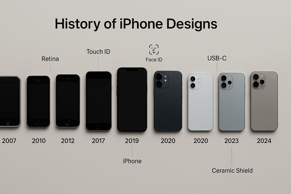 History of iPhone designs: a clean lineup of models from 2007 to 2024 shown side-by-side on a light gray background, labeled with milestone features such as Retina display, Touch ID, Face ID, Ceramic Shield, and USB-C.