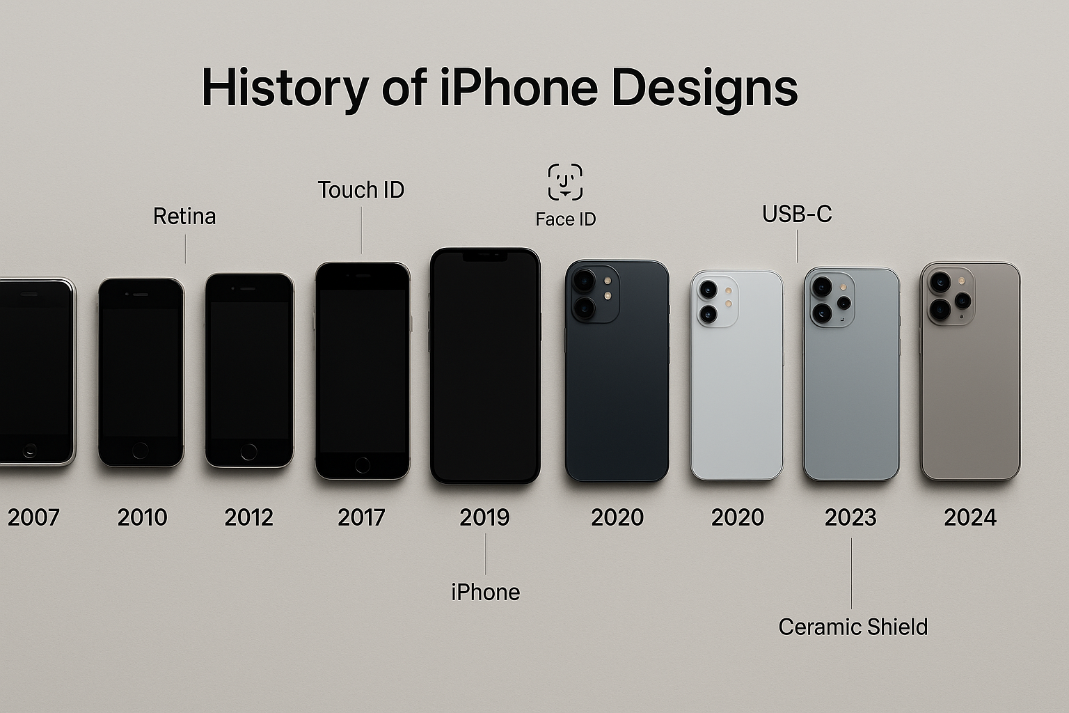 History of iPhone designs: a clean lineup of models from 2007 to 2024 shown side-by-side on a light gray background, labeled with milestone features such as Retina display, Touch ID, Face ID, Ceramic Shield, and USB-C.