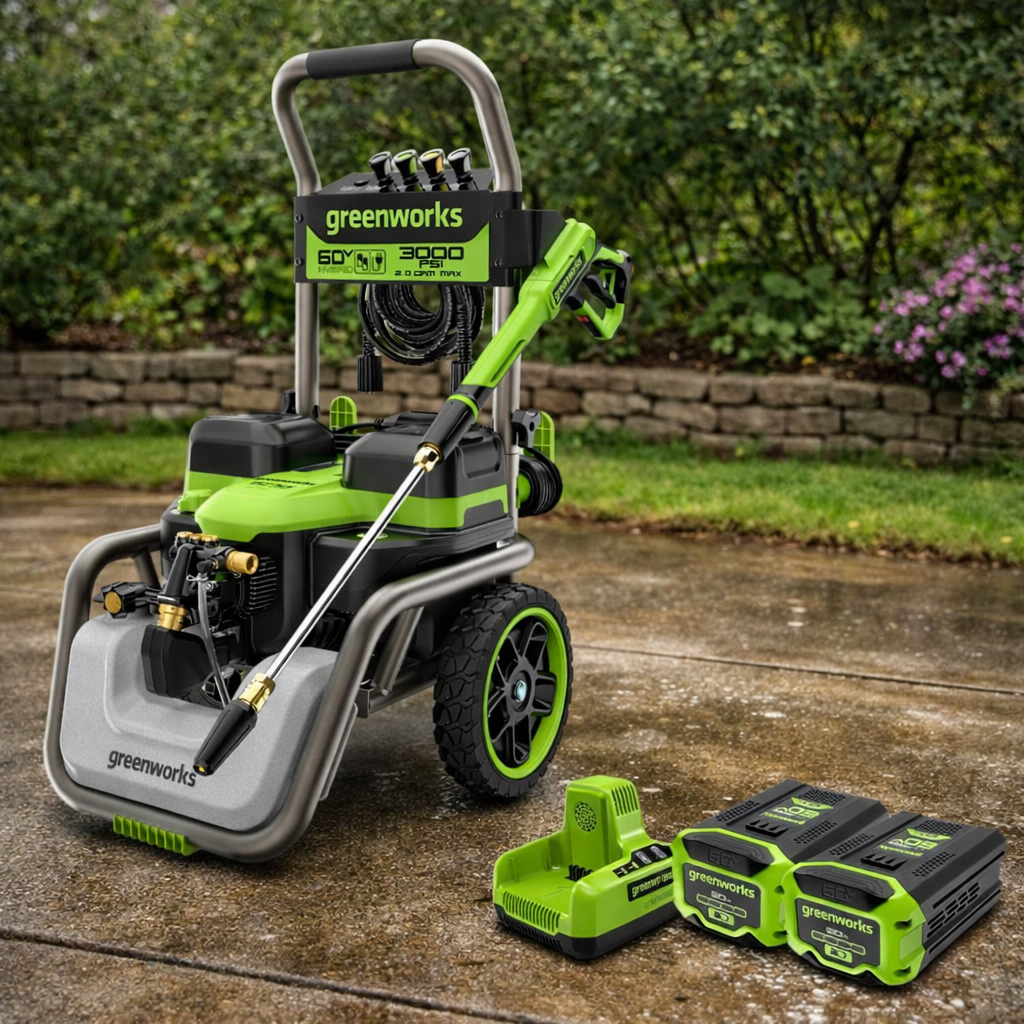 Greenworks 60V Hybrid 3000 PSI pressure washer on a real outdoor driveway with a garden and stone wall background, shown with the spray wand attached and two 60V batteries plus charger placed nearby for a realistic product setup.