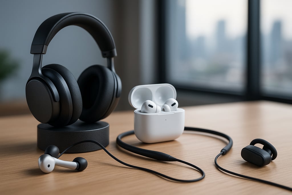 Ultra-realistic product photo showing premium over-ear headphones, true wireless earbuds in an open charging case, a neckband headset, and a compact Bluetooth earpiece on a wooden desk, softly lit with a clean, blurred city-view background—no title text.
