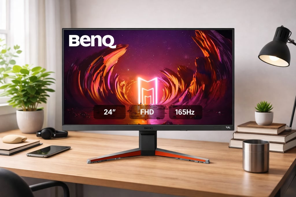 BenQ 24-inch monitor on a realistic wooden study desk in a bright home office, showing a colorful gaming-style wallpaper, with desk lamp, books, phone, and small plants.