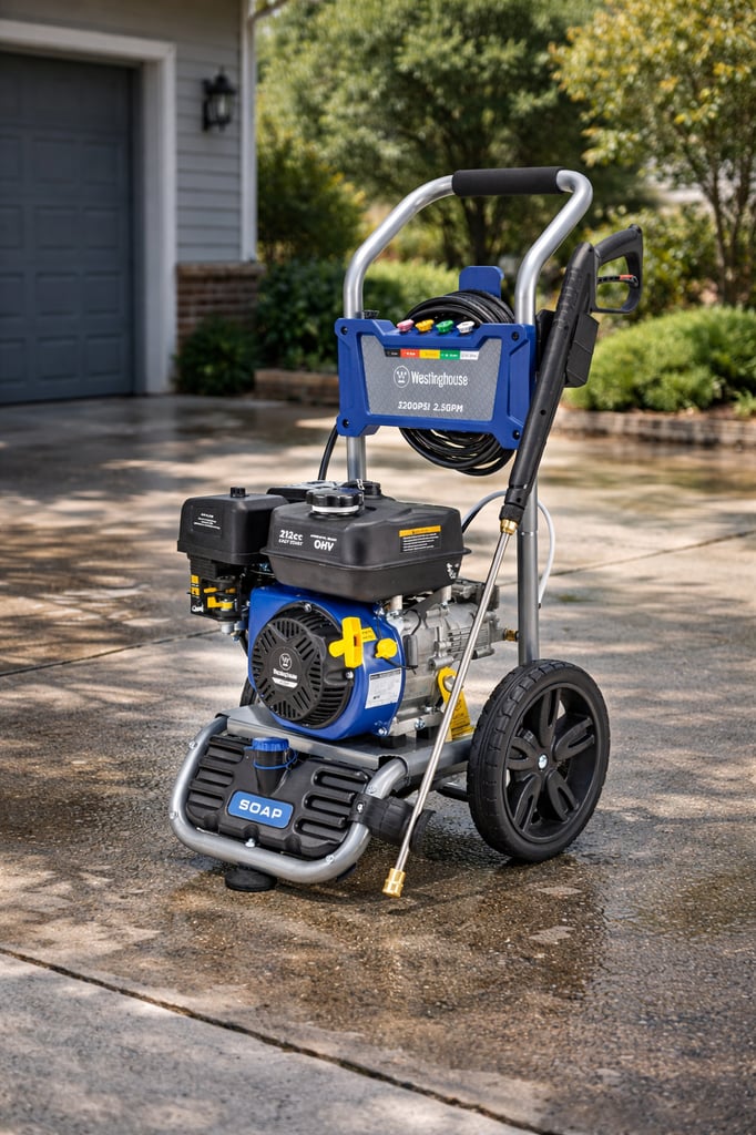 Westinghouse gas-powered pressure washer (3200 PSI, 2.5 GPM) standing on a wet residential driveway in daylight, with a garage and green garden landscaping in the background.