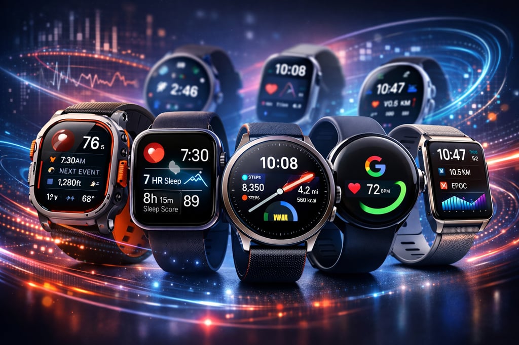 Lineup of modern smartwatches showing fitness and health dashboards—heart rate, steps, sleep tracking, workouts, and notifications—against a futuristic, data-themed background for a smartwatch comparison guide.