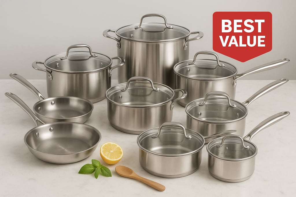 Cuisinart Professional Series 11-piece stainless-steel cookware set on a light marble countertop—fry pans, saucepans with glass lids, a sauté pan, a large stockpot, and a steamer insert—with a red “Best Value” badge in the corner.