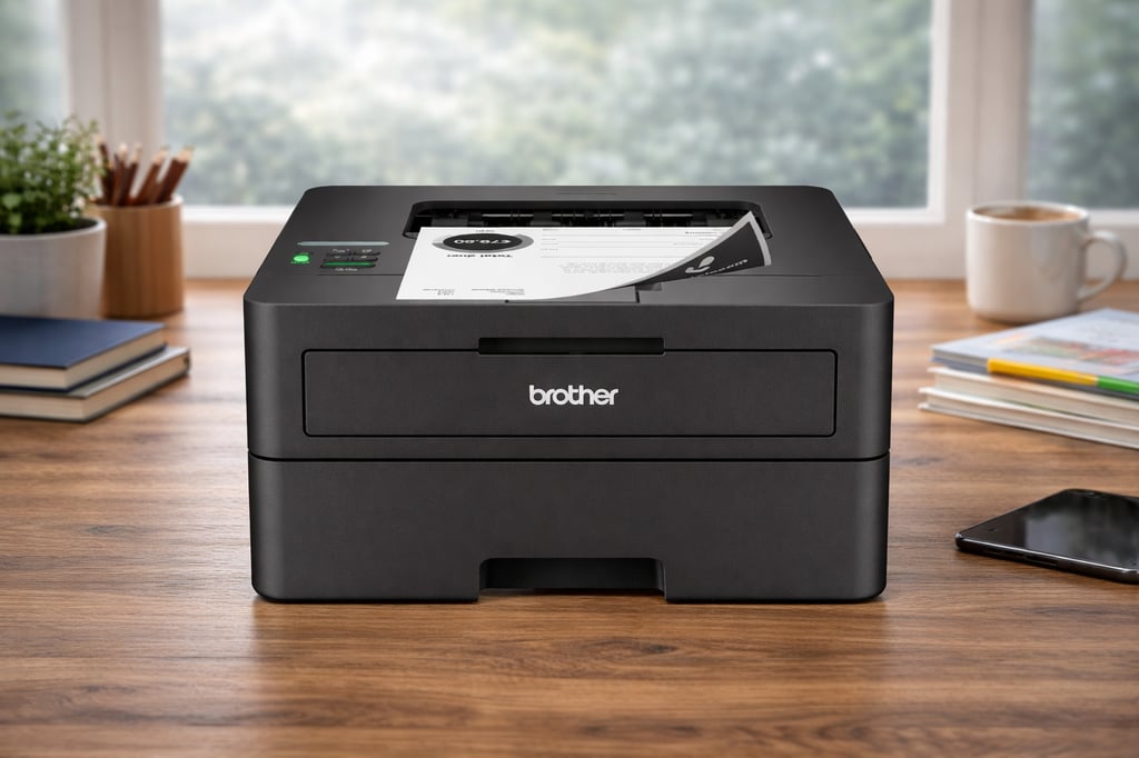 Compact Brother monochrome laser printer on a wooden desk in a bright home office, with a sheet of paper coming out of the top output slot; a window with blurred greenery, books, pencils, a coffee mug, and a smartphone are in the background.