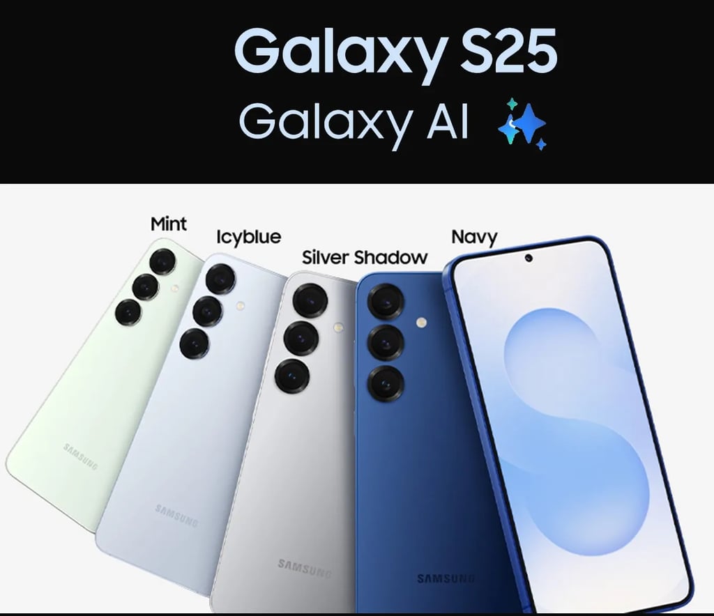 Galaxy S25 color lineup—Mint, Icyblue, Silver Shadow, and Navy—fanned out with triple-camera backs and one front display under a 'Galaxy AI