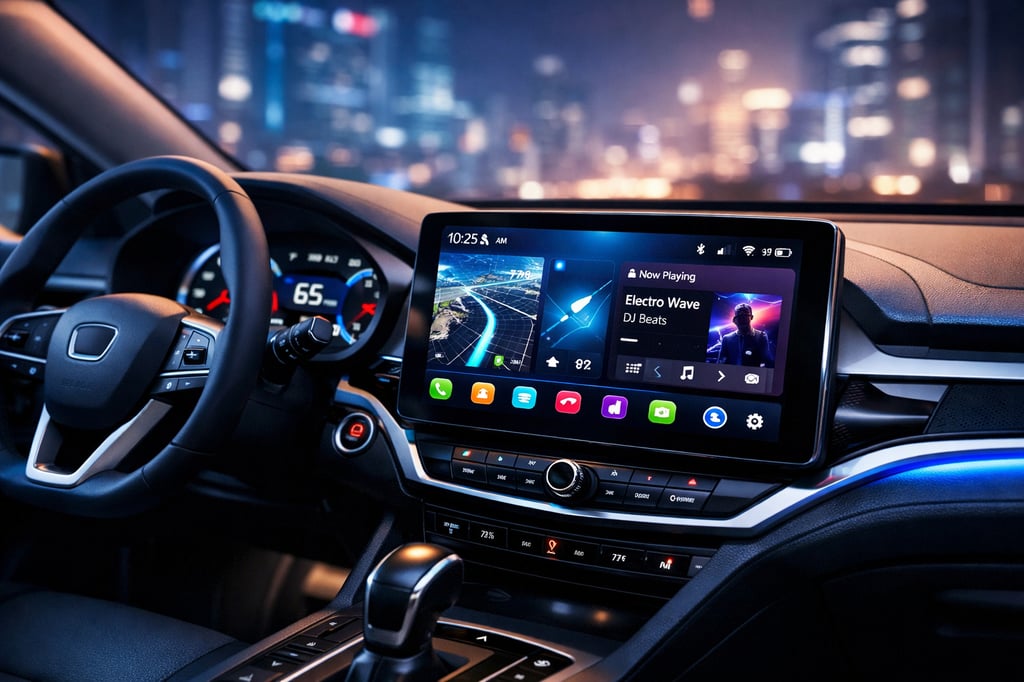 Car interior at night featuring a large Android infotainment touchscreen with navigation, now-playing music, and colorful app icons, highlighting a modern aftermarket head unit for connected driving.