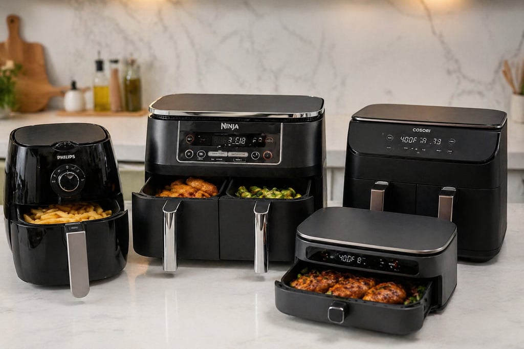 Ultra realistic modern kitchen showing small and large air fryers including single basket and dual basket models cooking fries and chicken